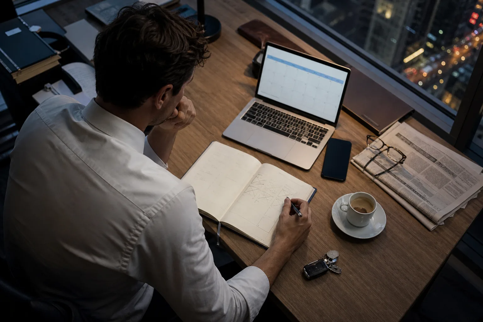 Executive desk seen from above at dusk with an open planner, laptop calendar with free slots, phone face down, coffee and reading glasses