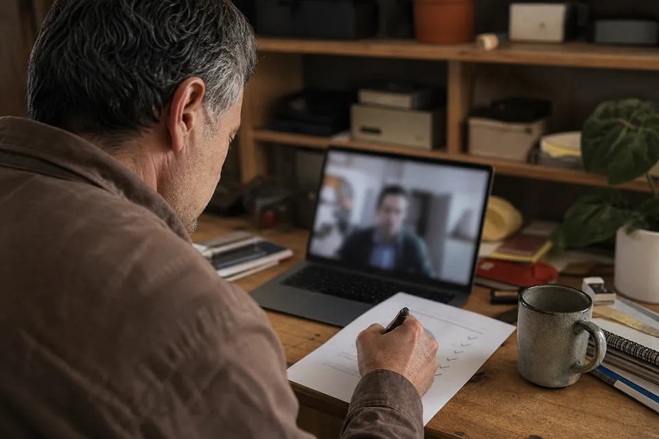 Business owner on a video call ticking a printed verification checklist