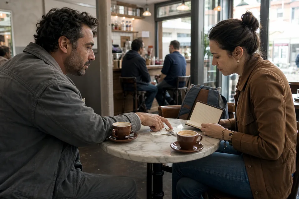 Business owner handing a spare office key and a folded welcome note across a cafe table to a new assistant