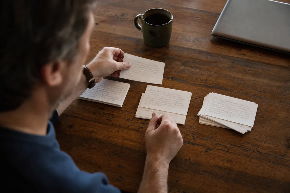 Owner sorting task cards into piles to decide what to hand to an assistant