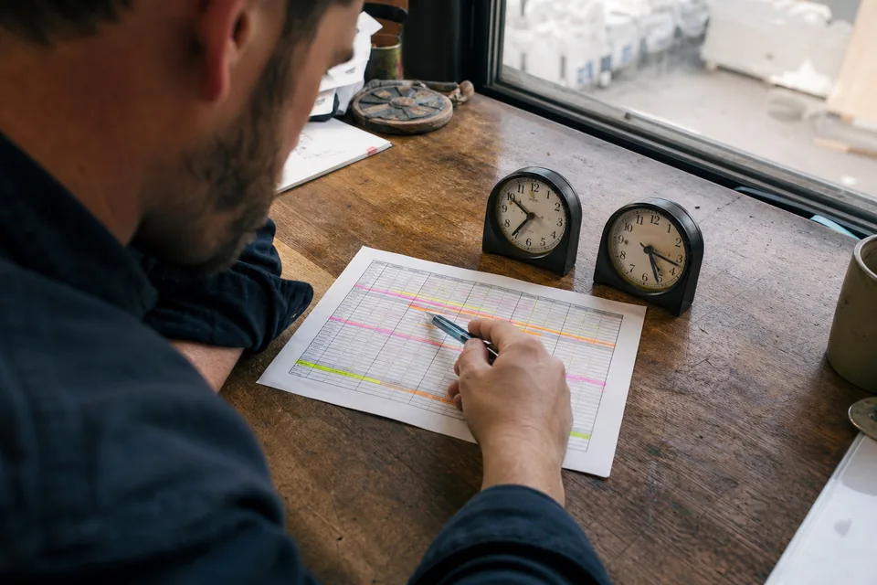 Hand pointing at highlighted overlap hours on a paper schedule beside two clocks set to different times