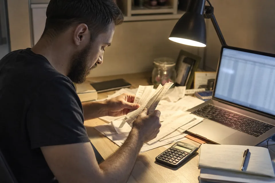 Bookkeeping assistant matching paper receipts to a spreadsheet under a desk lamp