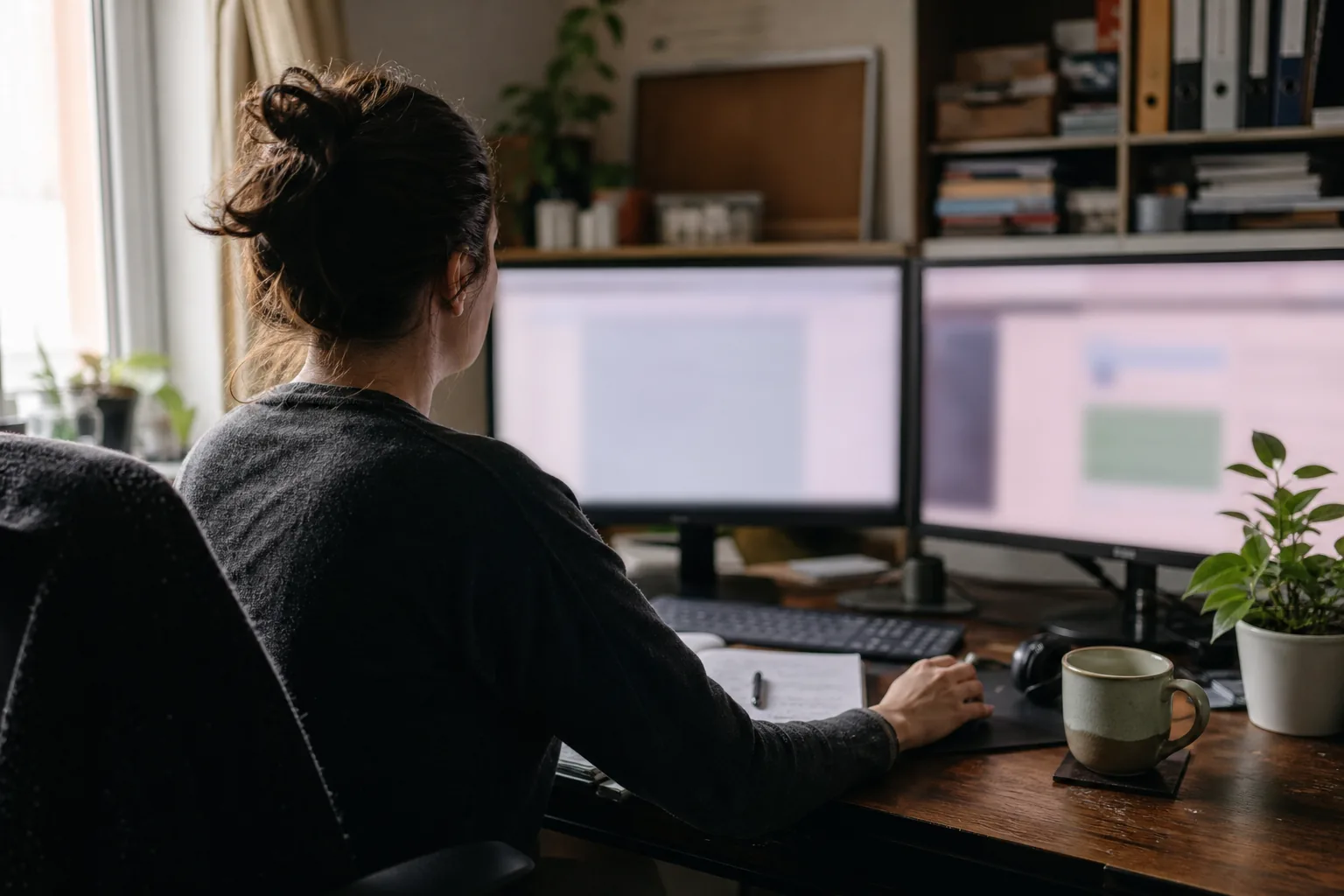 Adult woman working at a compact home office with two monitors, a notebook with a handwritten task list beside the keyboard