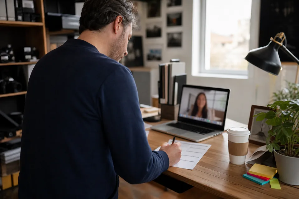 Adult man writing a short task brief for a remote assistant during a video call at a standing desk