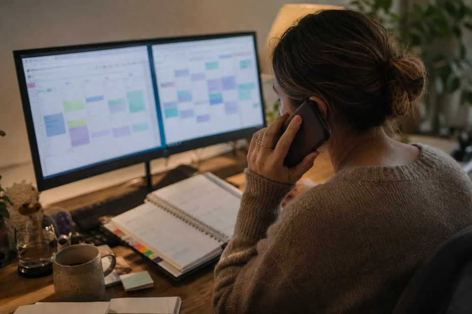 Remote executive assistant managing calendars on a monitor while on a phone call at a home desk