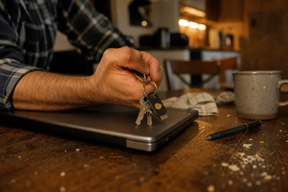 Close view of a hand holding a keyring with a small hardware security key above a closed laptop lid on a wooden table