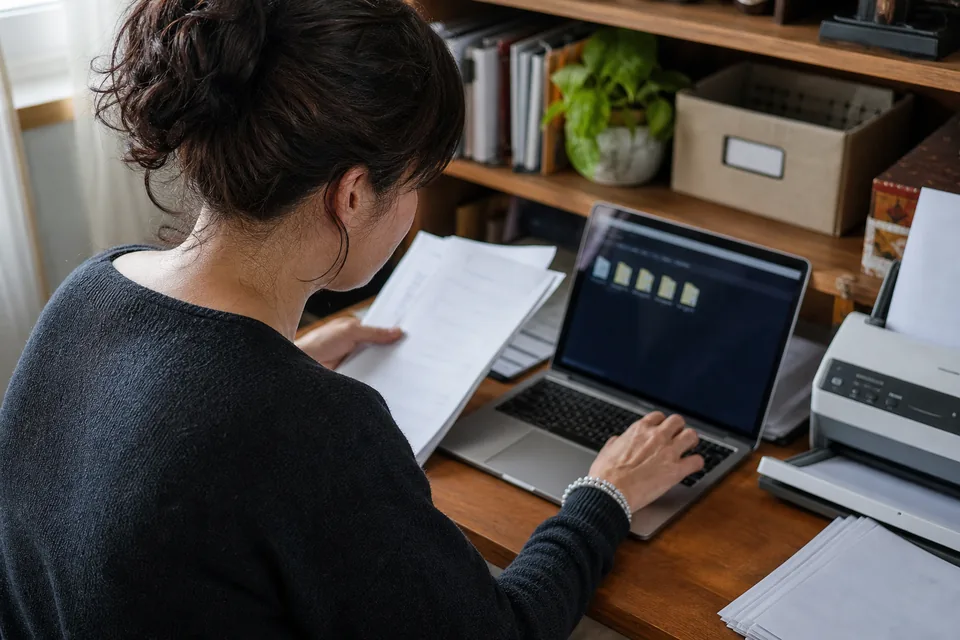 Hands of an administrative assistant scanning paper forms and filing them on a laptop at a home desk