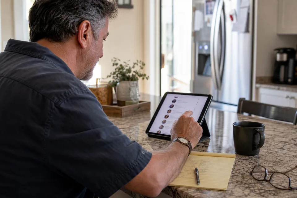 Adult man reviewing a shortlist of assistant profiles on a tablet with notes on a pad beside him