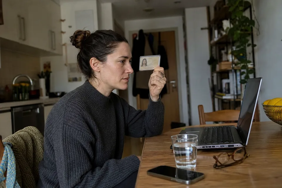 Adult woman at a kitchen table holding her ID card beside her face toward a laptop camera during an identity check